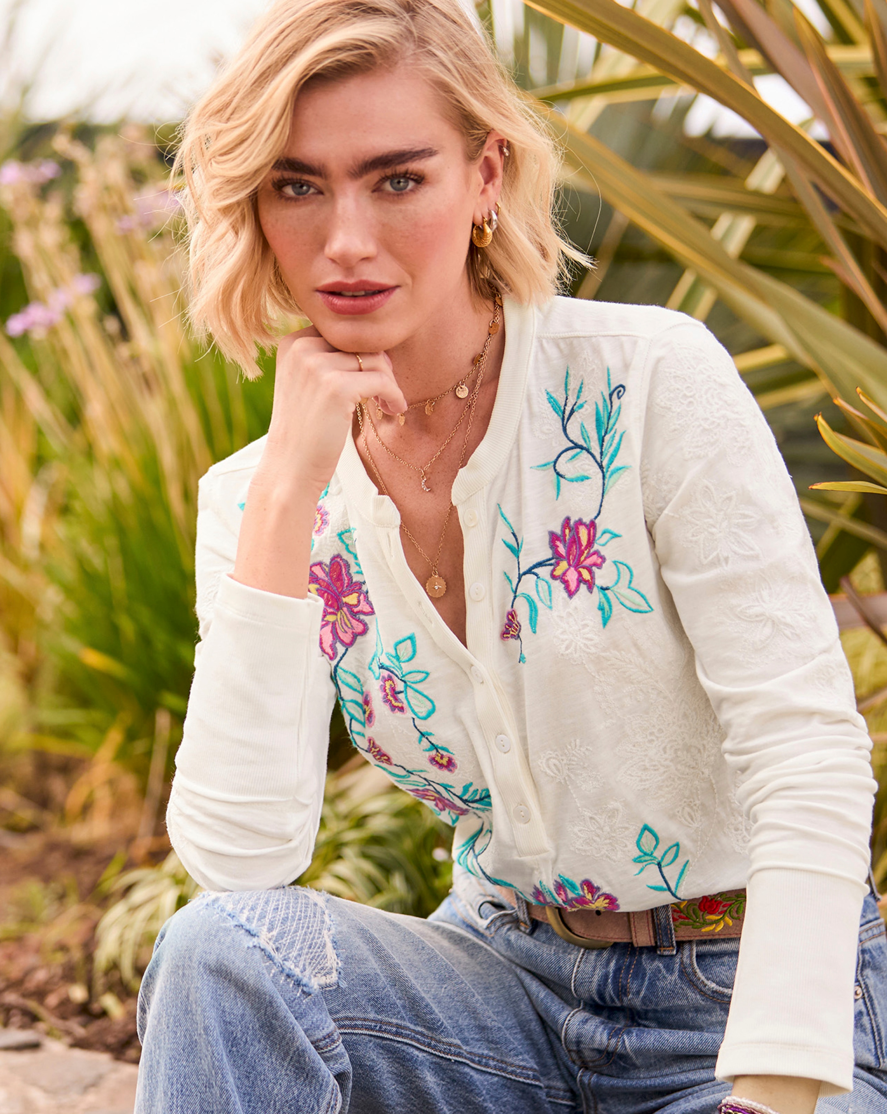 JB Fabulous Floral Embroidered Henley