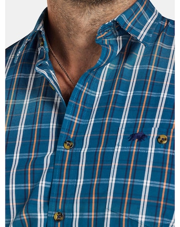 Raging Bull Long Sleeve Linear Check Cotton Poplin Shirt Petrol