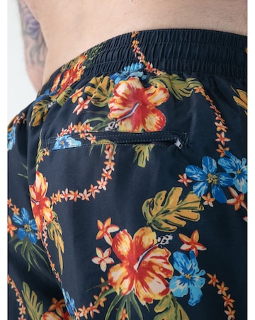 D555 Big and Tall DAWSON AO Hawaiian Printed Swim Zipper Pocket Shorts - Navy
