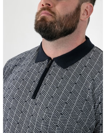 D555 Big and Tall PERRY Jacquard Knitted Polo With Quarter Neck Zip - Navy