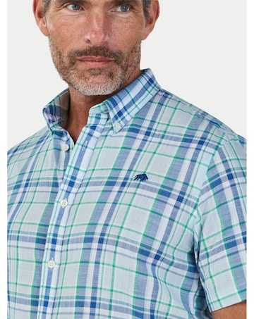 Raging Bull Short Sleeve Pacific Check Linen Look Shirt Sky Blue