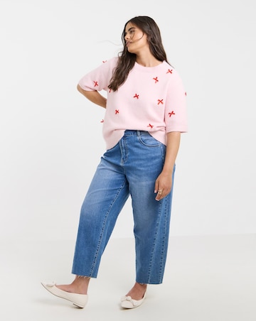 Simply Be Pink Embroidered Bow Knitted Half Sleeve Jumper