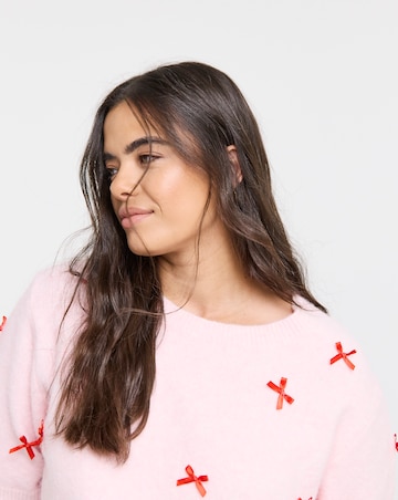 Simply Be Pink Embroidered Bow Knitted Half Sleeve Jumper