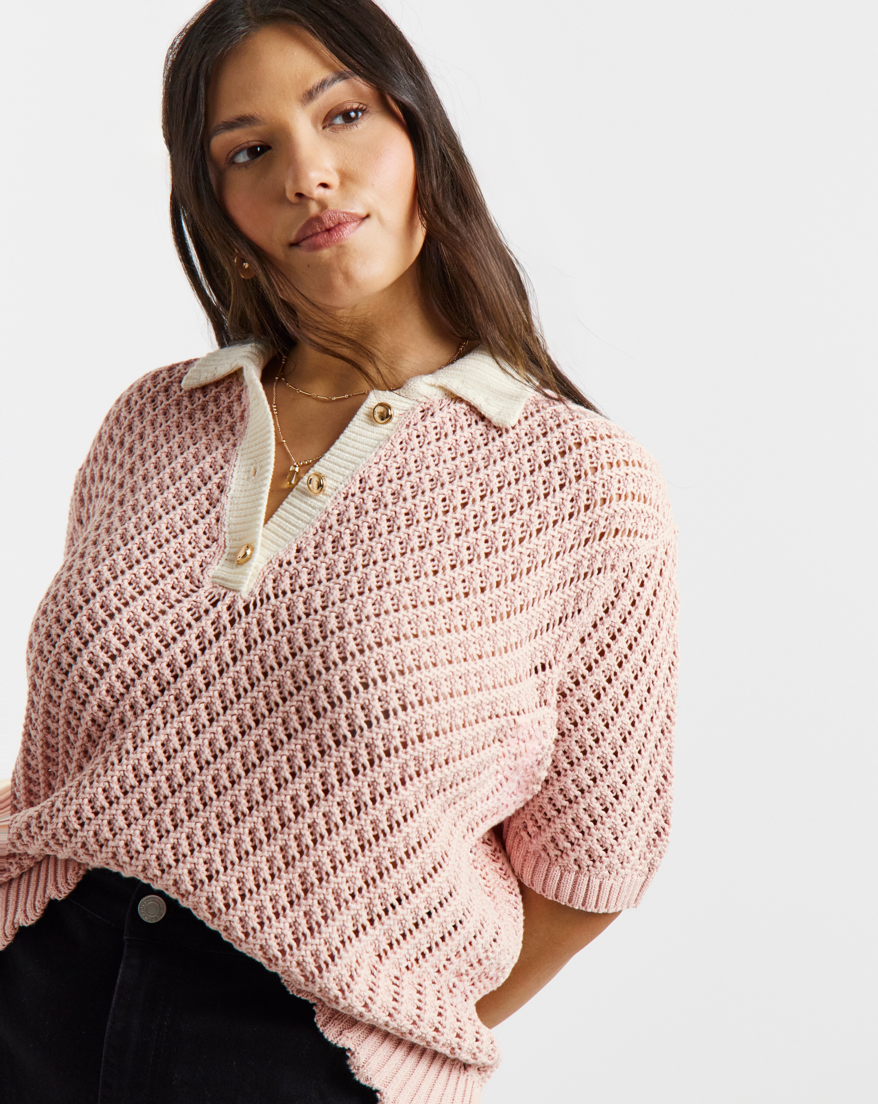 Frill Hem Crochet Polo Top