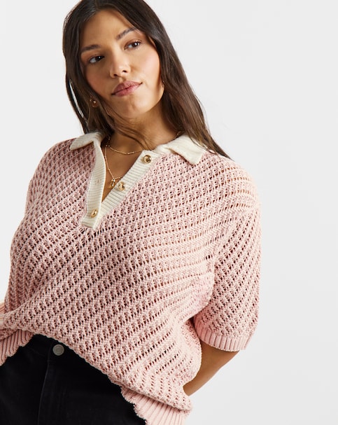 Frill Hem Crochet Polo Top
