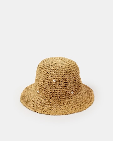 Accessorize Beaded Flower Straw Bucket Hat