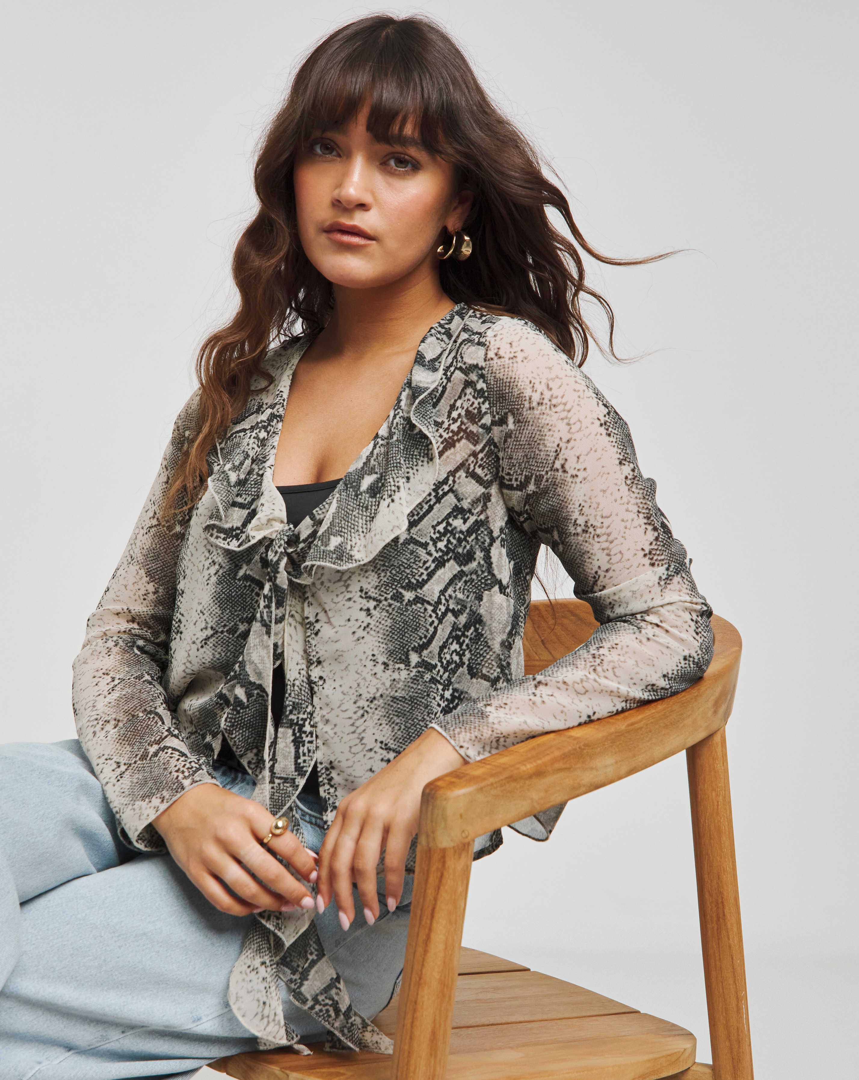 Snake Print Sheer Ruffle Blouse