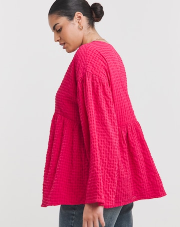 Pink Textured V Neck Smock Blouse