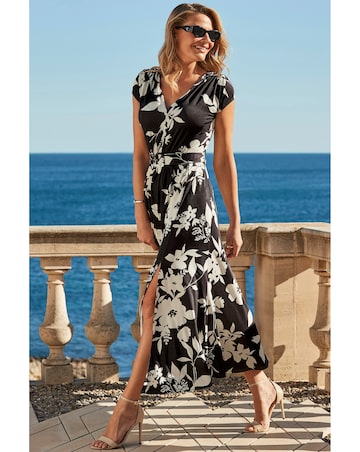Sosandar Black Floral Print Belted Jersey Maxi Dress
