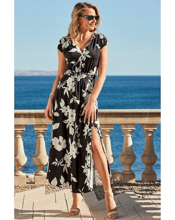Sosandar Black Floral Print Belted Jersey Maxi Dress