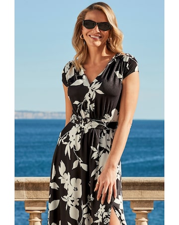 Sosandar Black Floral Print Belted Jersey Maxi Dress