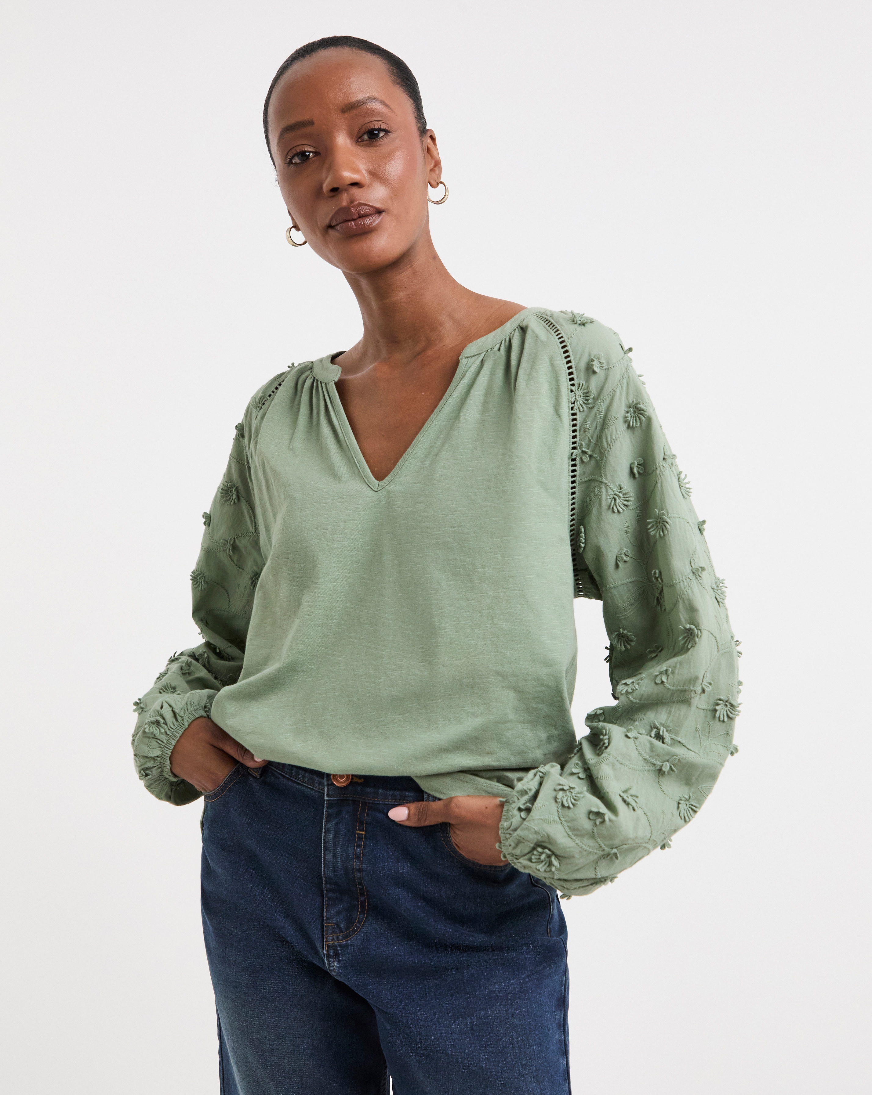 V neck 3D Floral long Sleeve Blouse