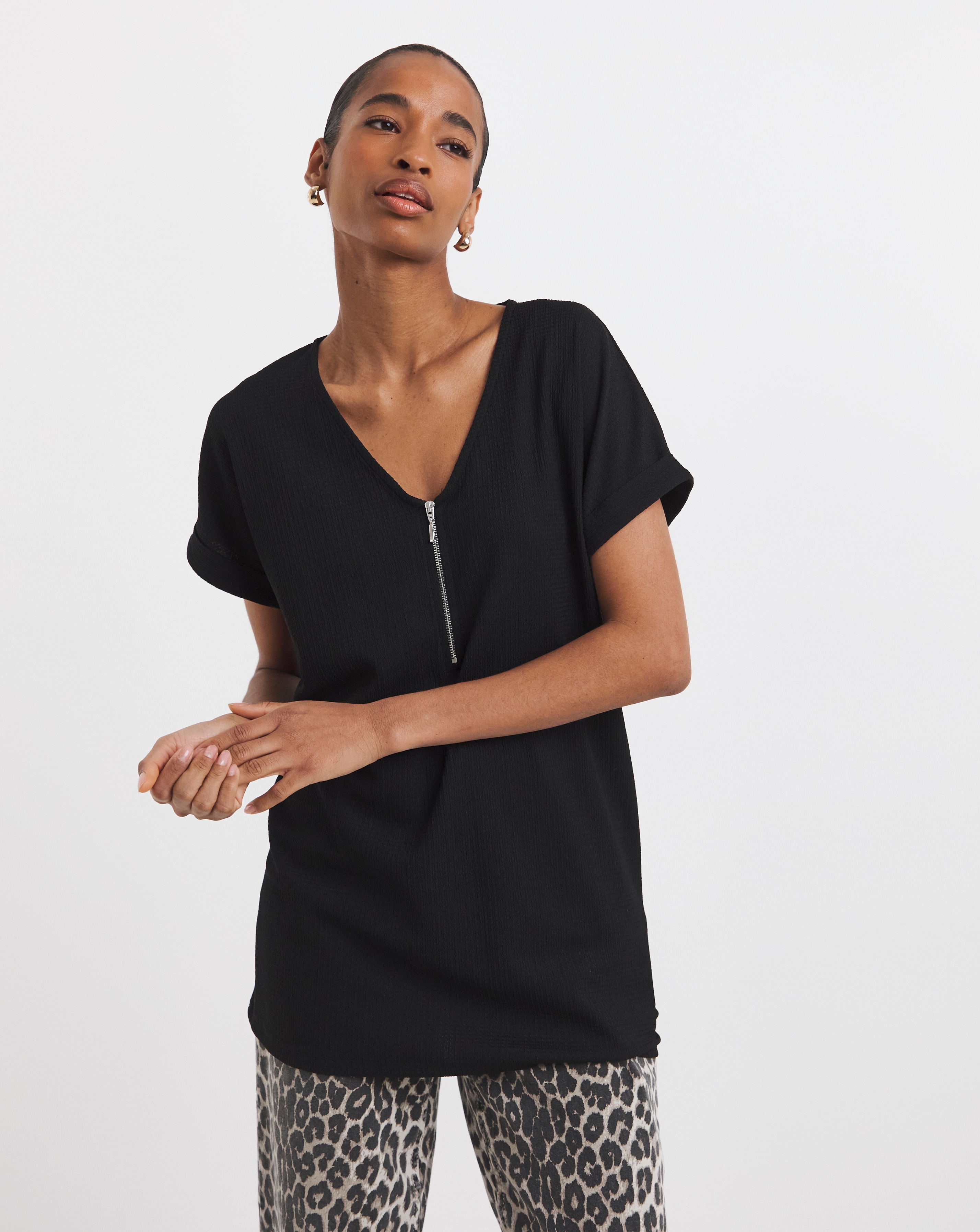 V-Neck Zip Front Longline Top