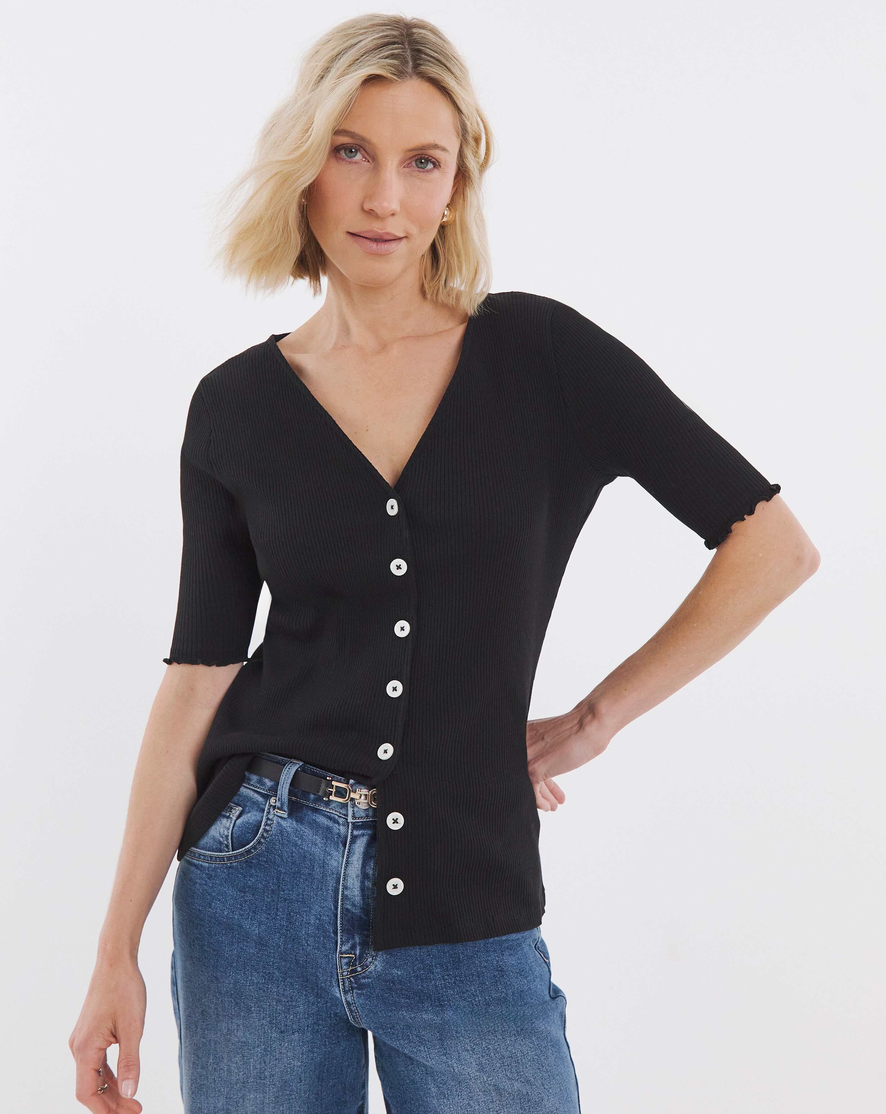 Lettuce Half Sleeve Rib Cardi