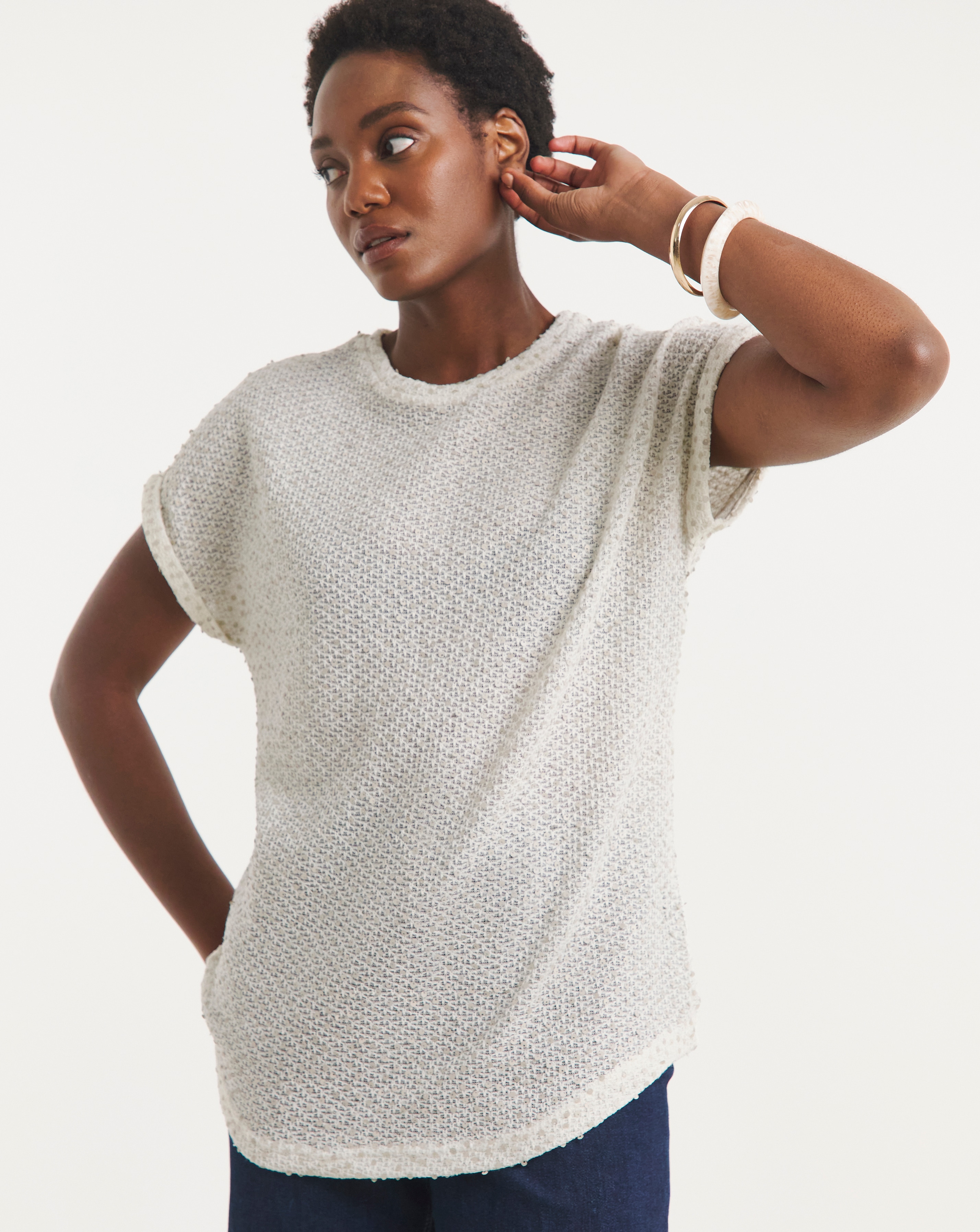 Textured Sequin Longline Curved Hem Top