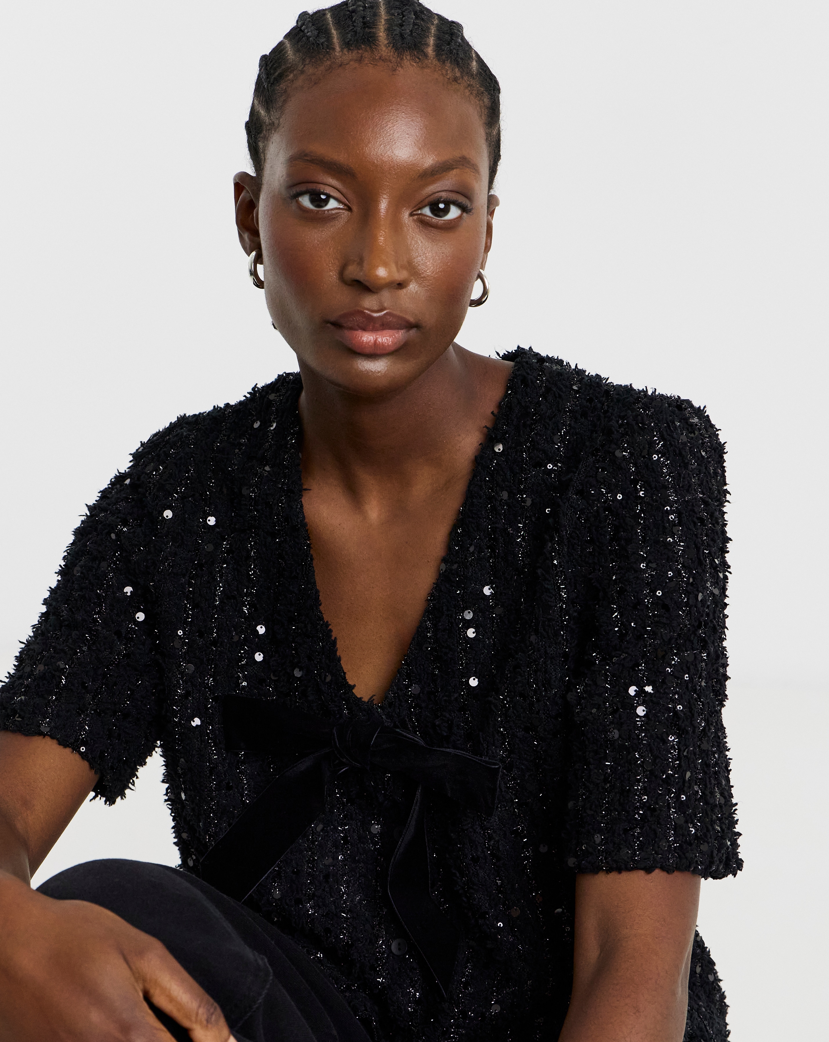 Fluffy Sequin Bow Front Top