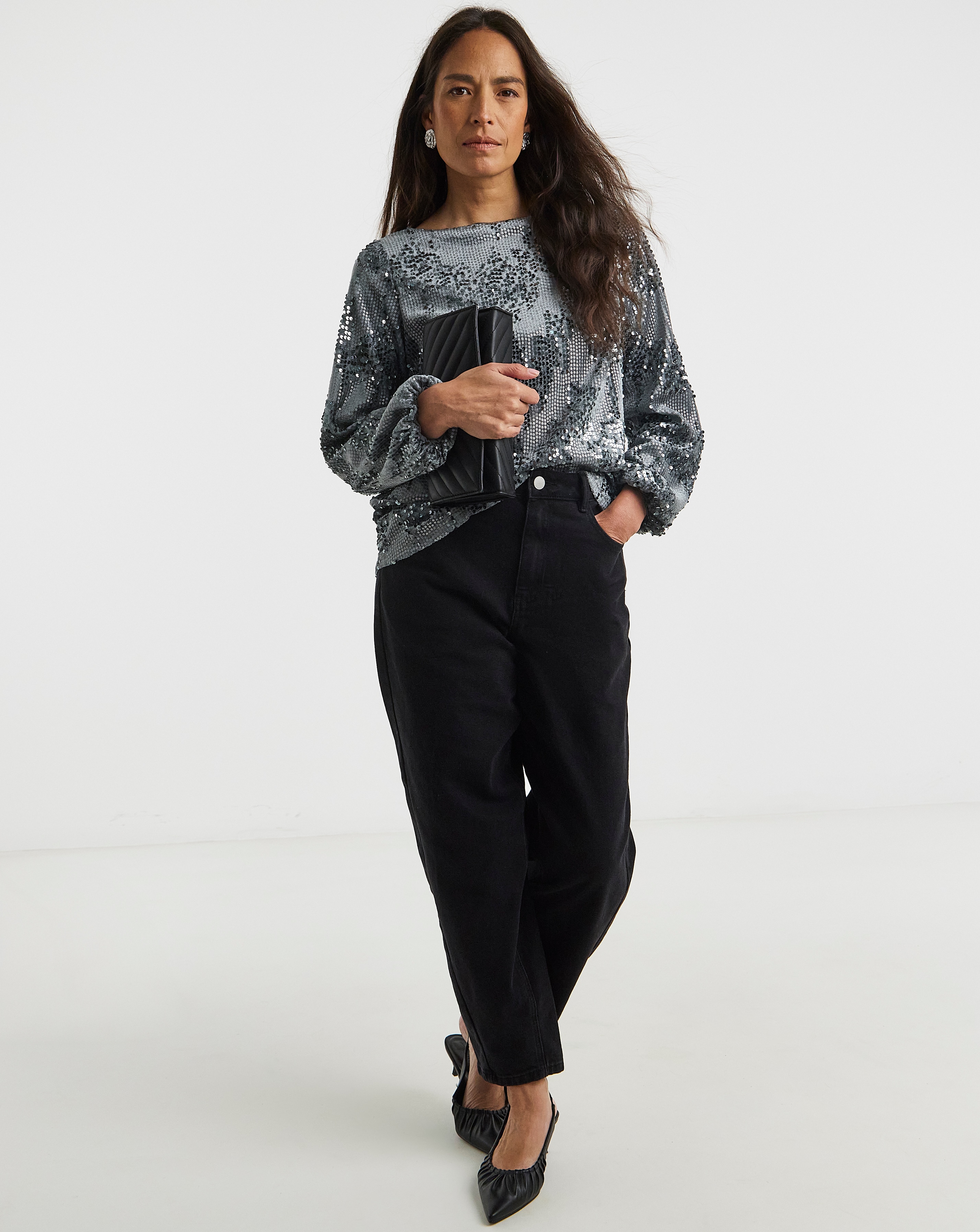 Velvet Sequin Slash Neck Top