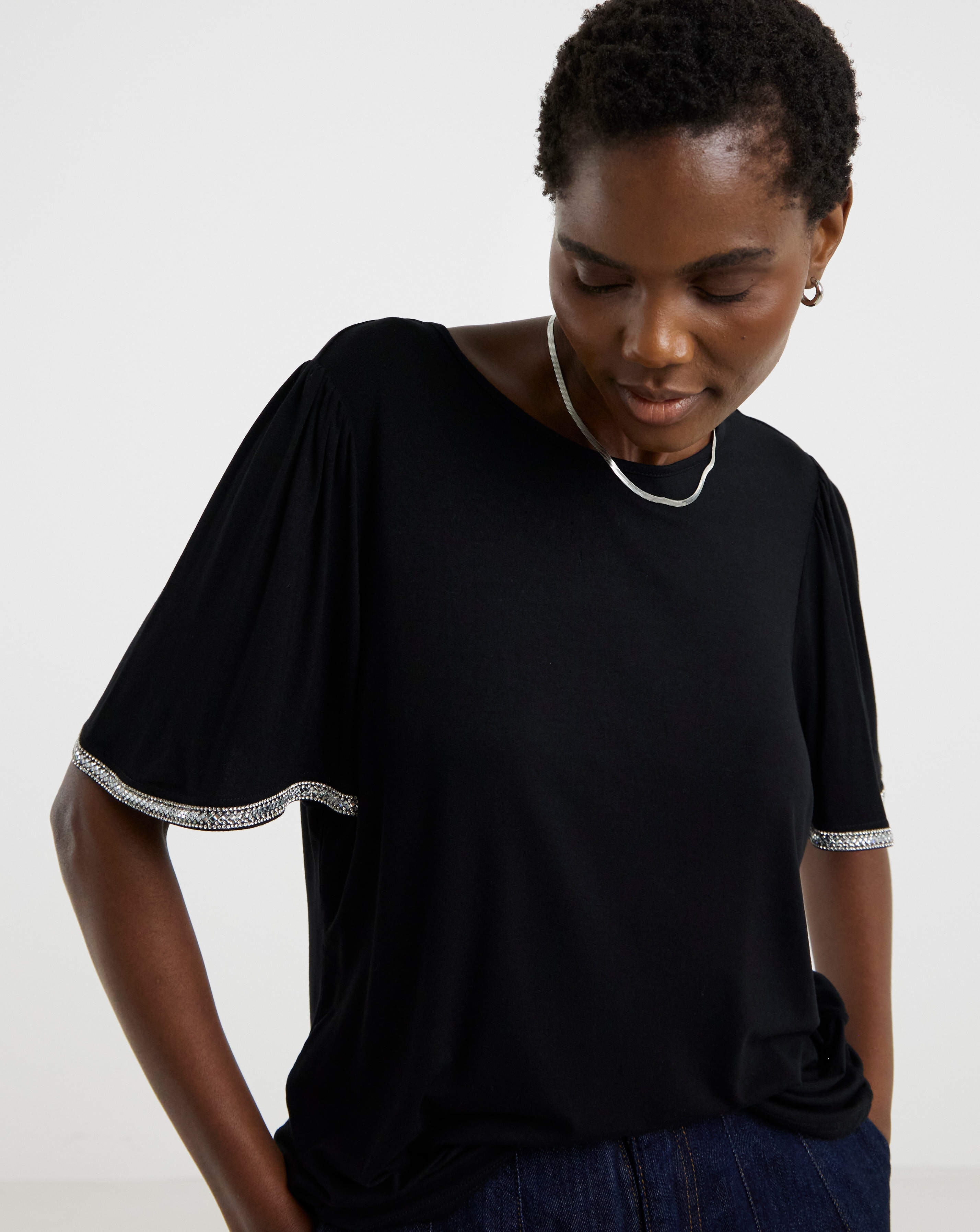 Diamante Trim Crew Neck Angel Sleeve Top