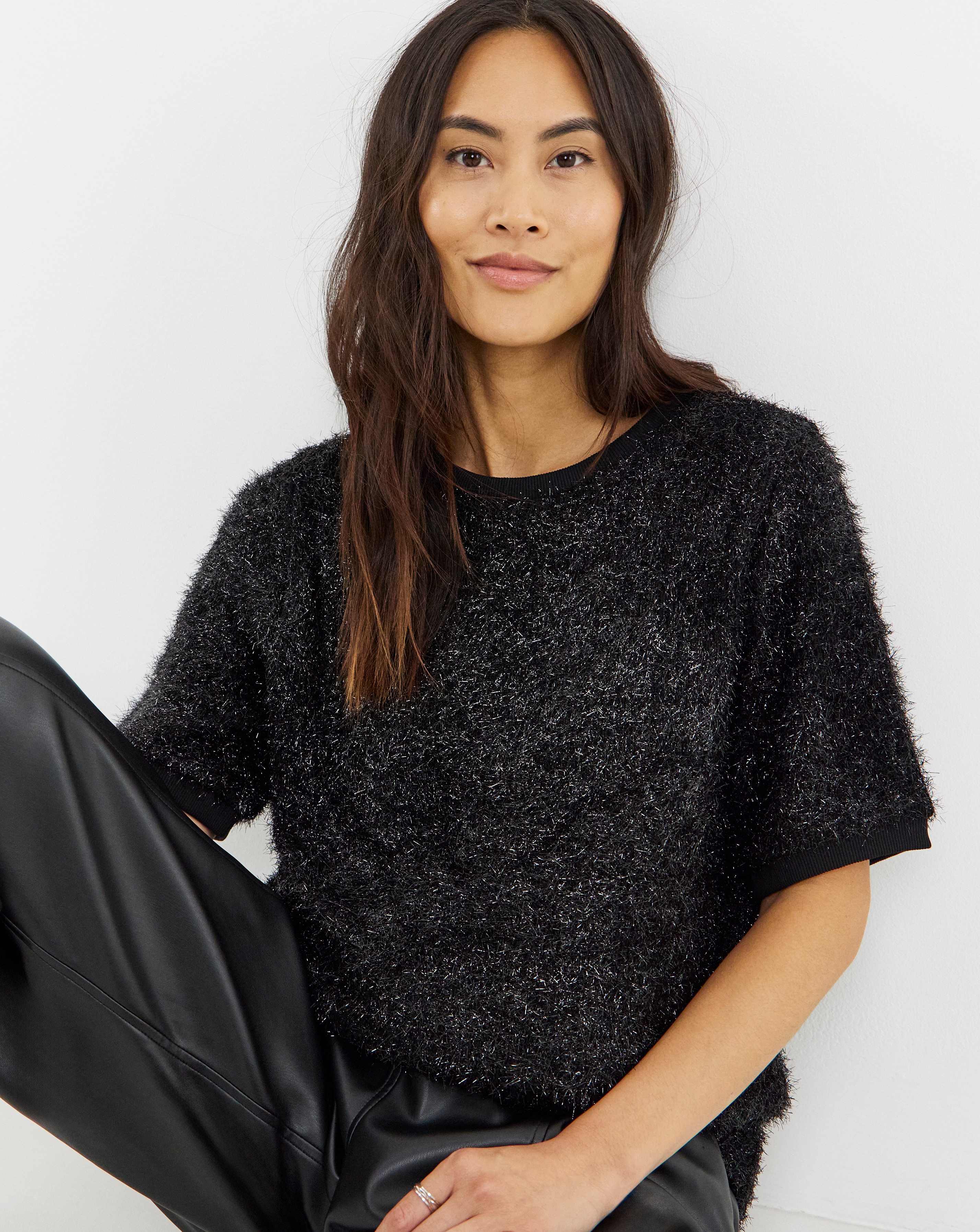 Glitter Knit Short Sleeve Sweatshirt