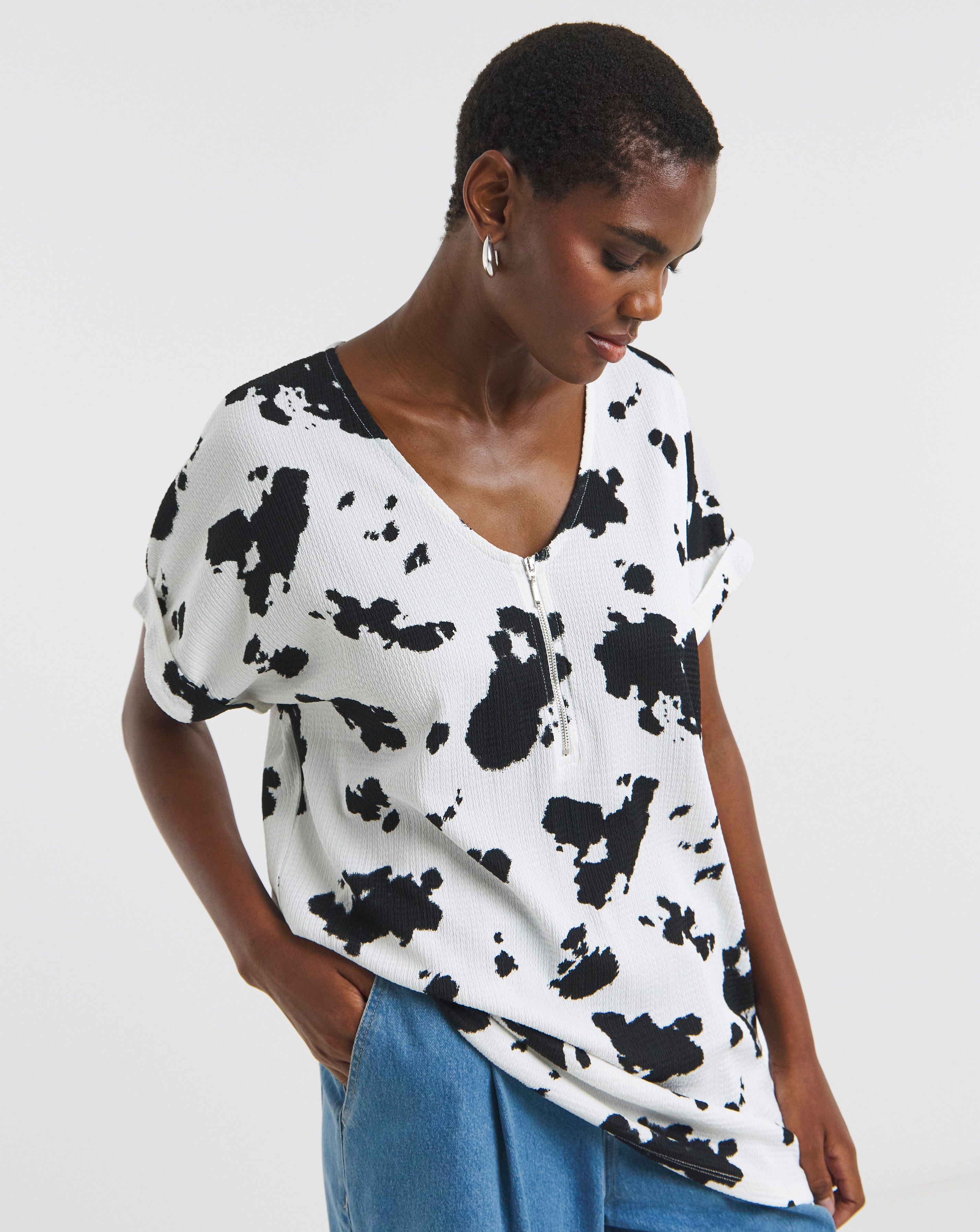 V-Neck Zip Front Longline Top