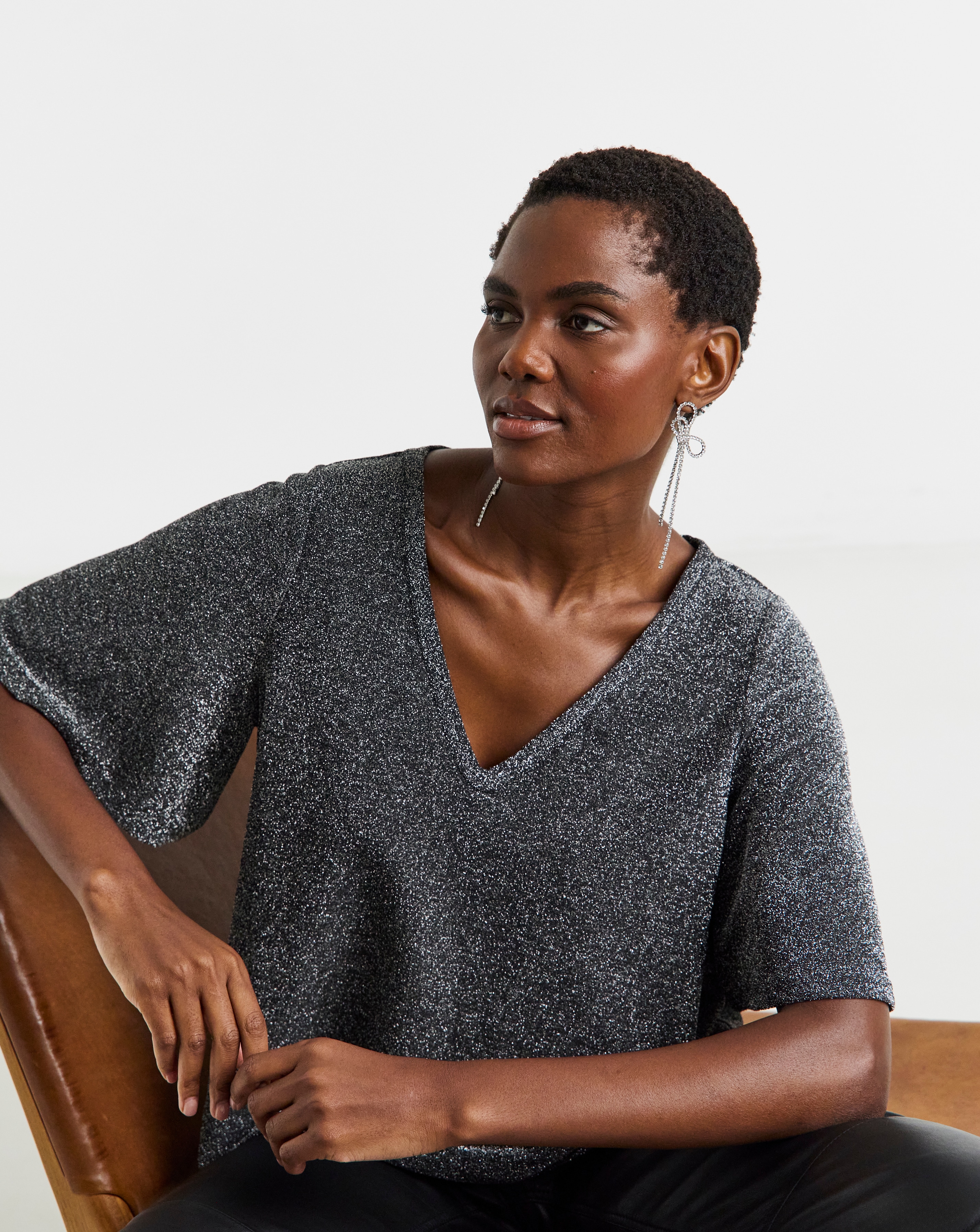 New In - Glitter Knit V Neck Angel Sleeve Top