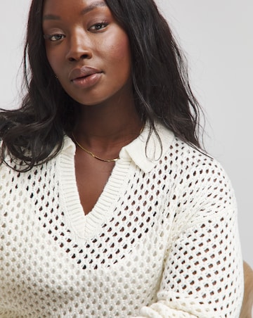 Cream Collar Detail Hole Knit Jumper