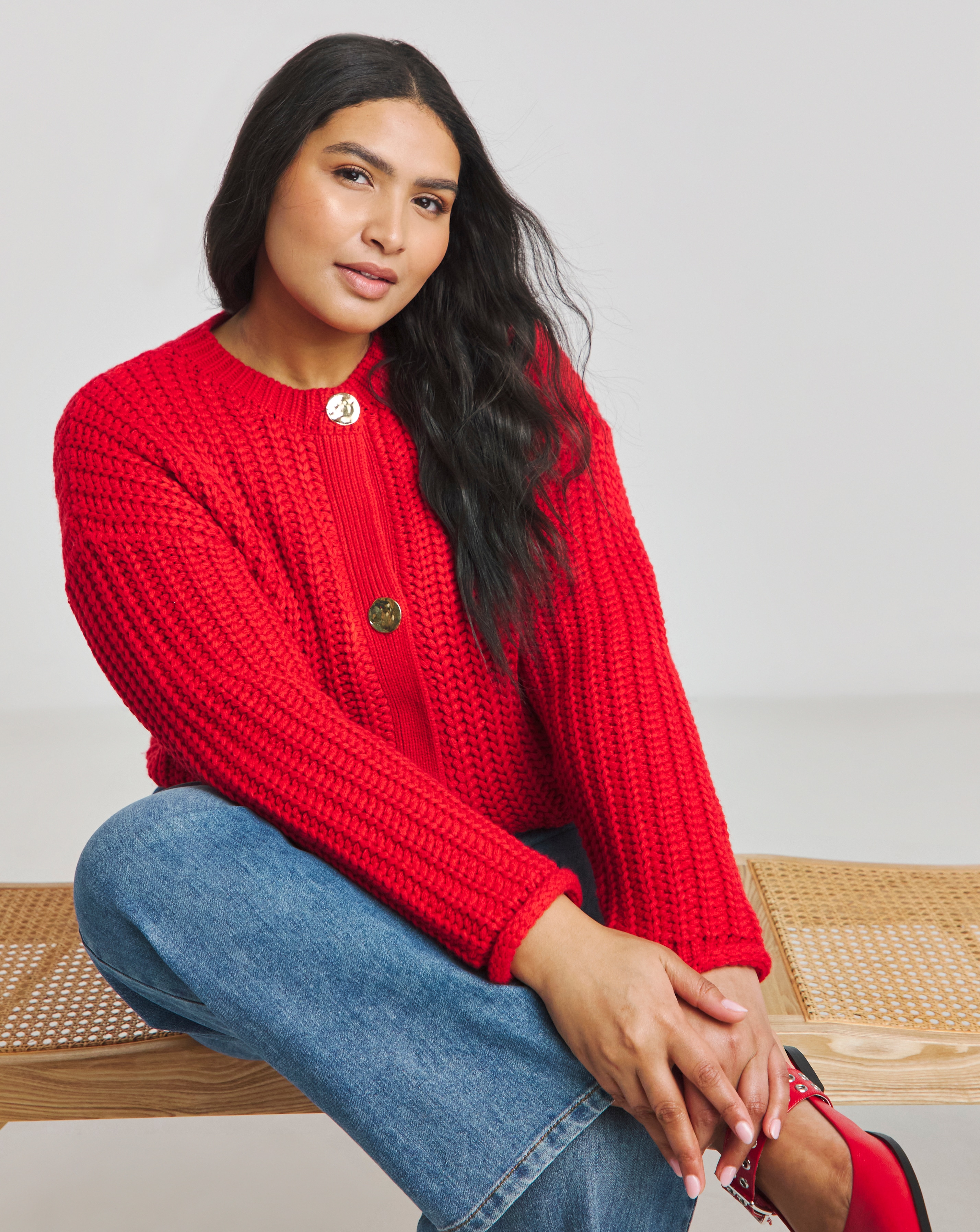 Red Chunky Knitted Crew Neck Cardigan