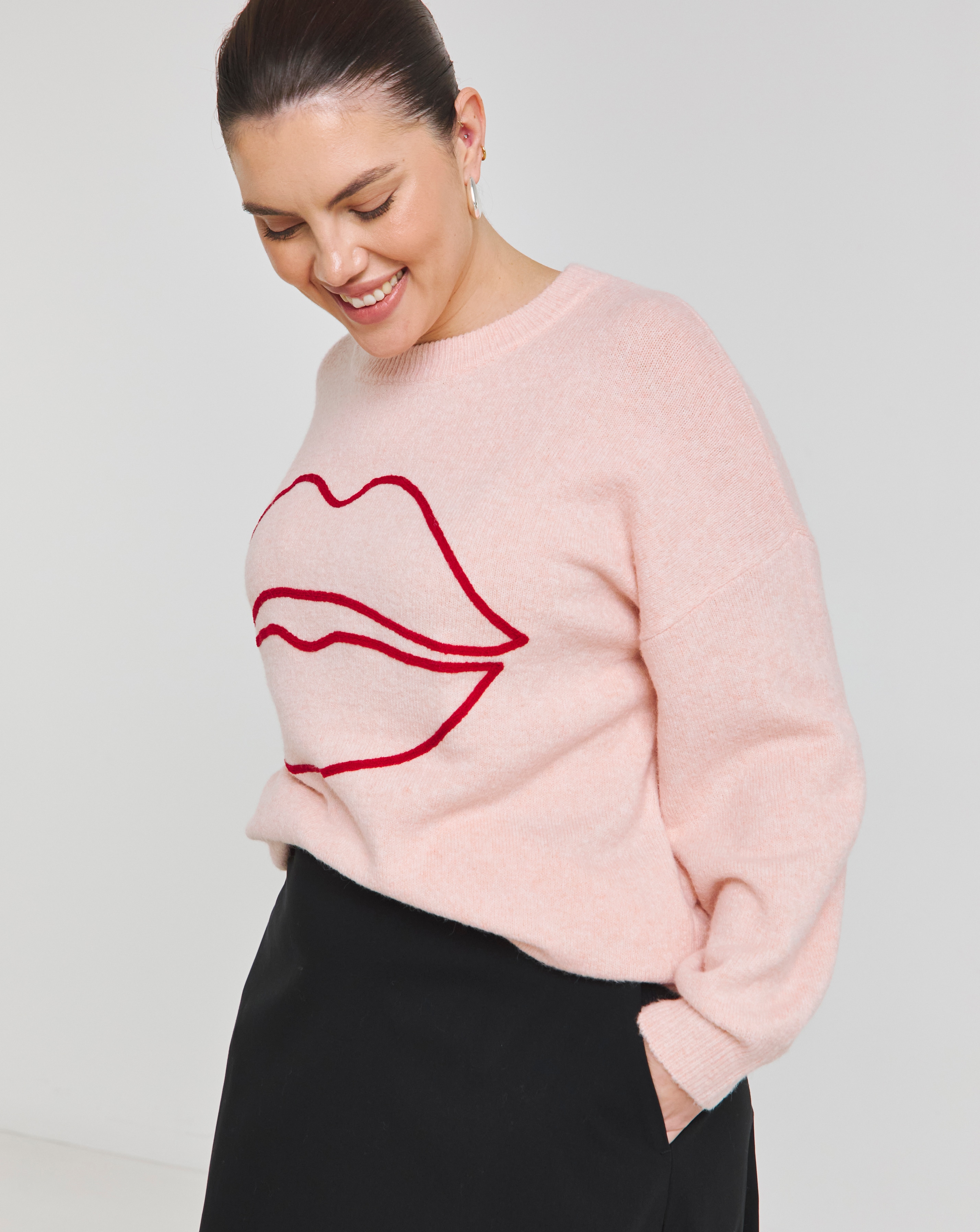 Pink Embroidered Lips Longline Jumper