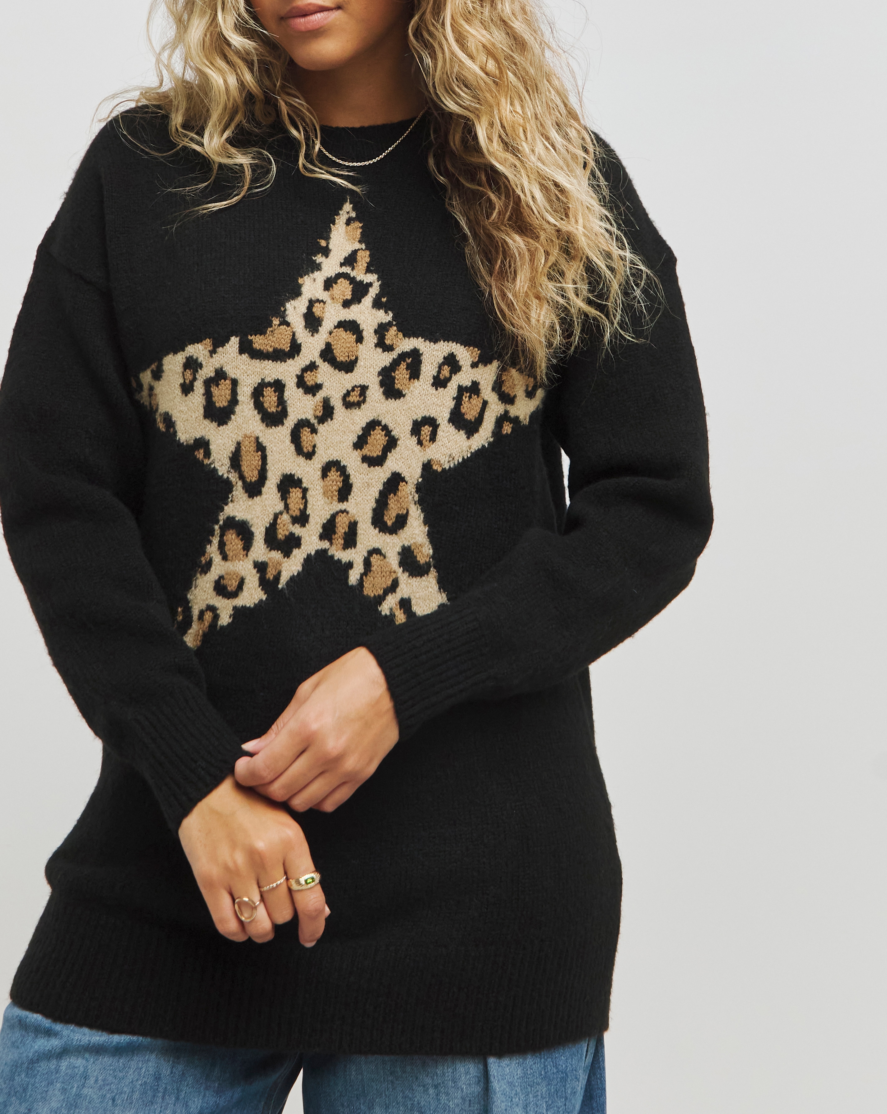 Black Leopard Star Longline Jumper