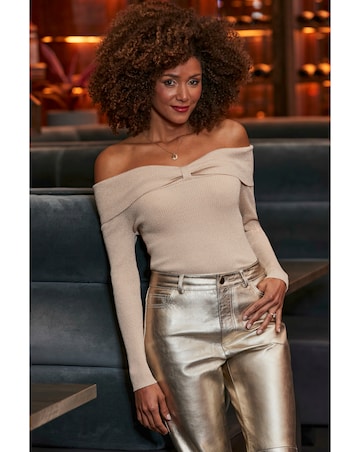 Sosandar Champagne Metallic Ruched Detail Ribbed Top