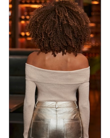 Sosandar Champagne Metallic Ruched Detail Ribbed Top