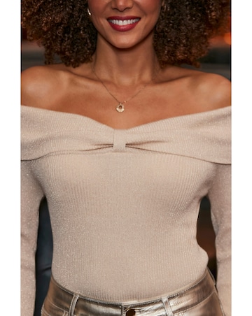 Sosandar Champagne Metallic Ruched Detail Ribbed Top