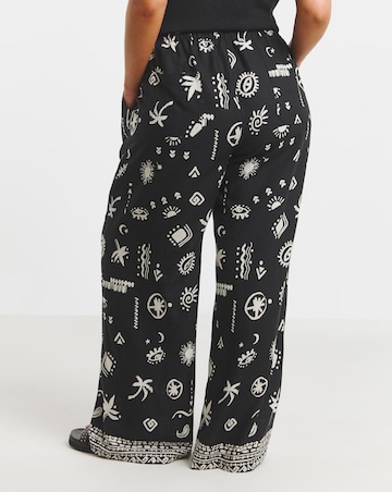 Simply Be Mono Print Tie Waist Linen Mix Wide Leg Trouser