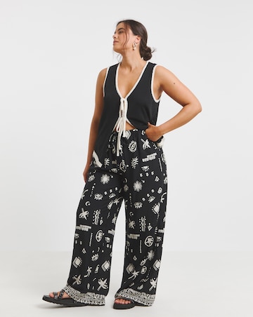 Simply Be Mono Print Tie Waist Linen Mix Wide Leg Trouser