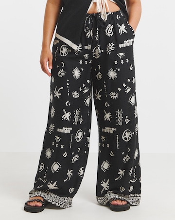 Simply Be Mono Print Tie Waist Linen Mix Wide Leg Trouser