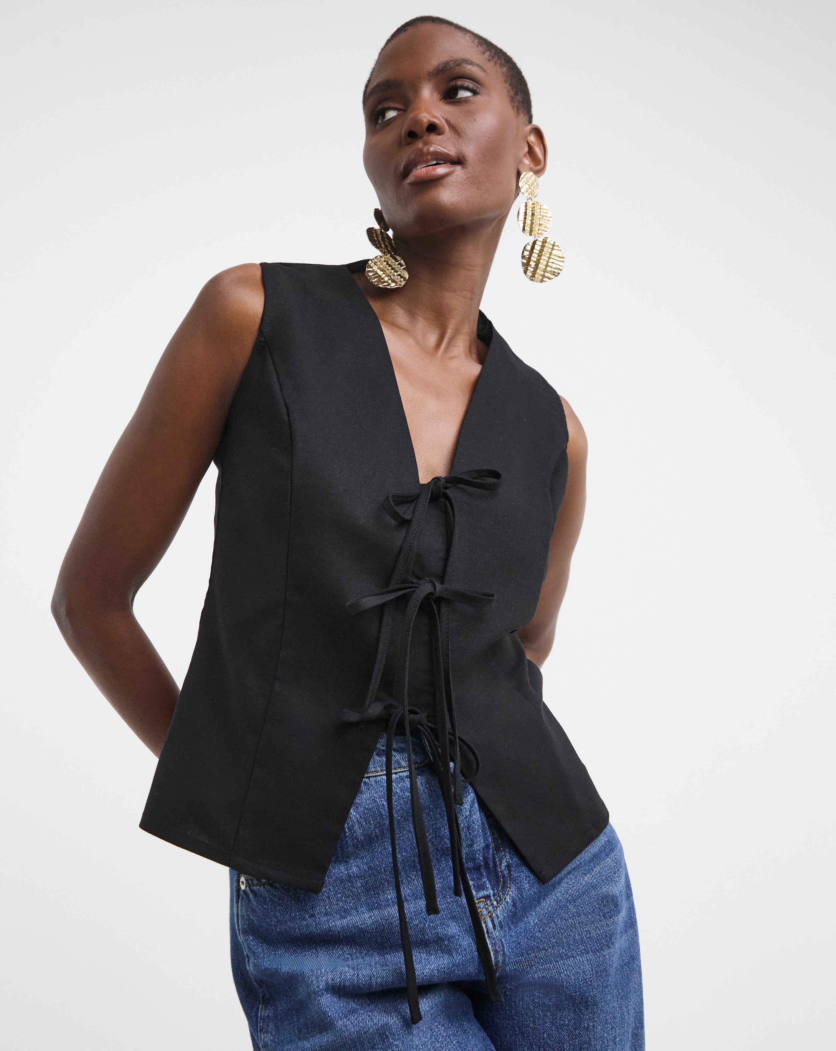 Linen Mix Tie Front Waistcoat