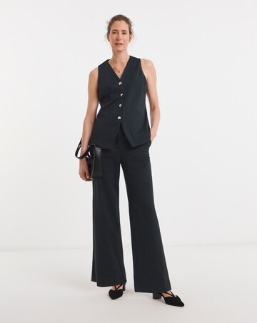 Navy Pinstripe Ponte Pleated Wide Leg Trouser