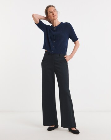 Navy Pinstripe Ponte Pleated Wide Leg Trouser