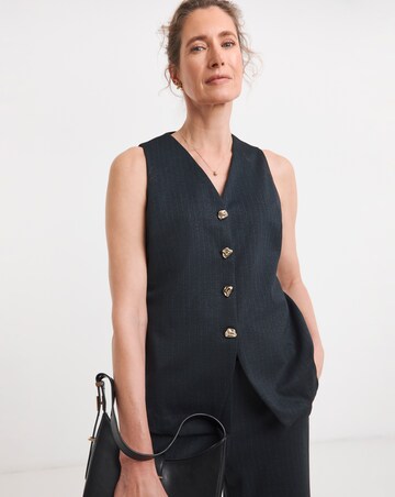 Navy Pinstripe Ponte V-Neck Gold Button Detail Waistcoat