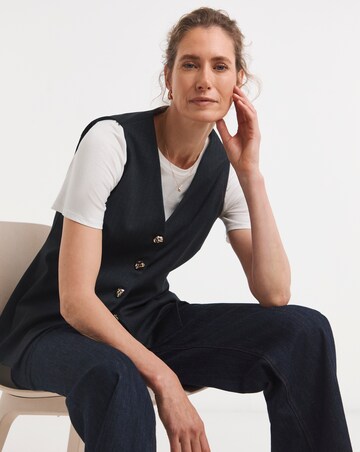 Navy Pinstripe Ponte V-Neck Gold Button Detail Waistcoat