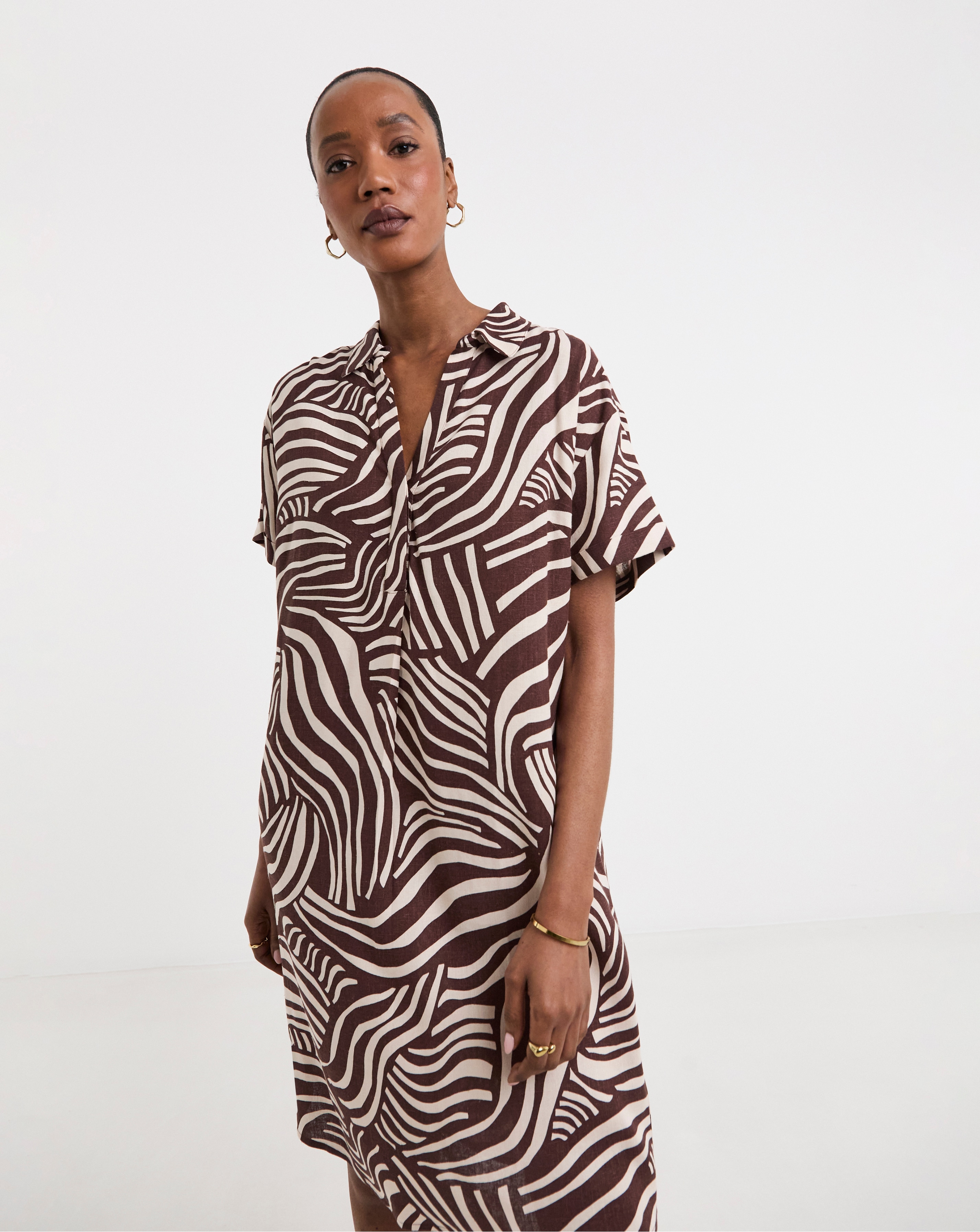 Linen Mix Collared Tunic Dress