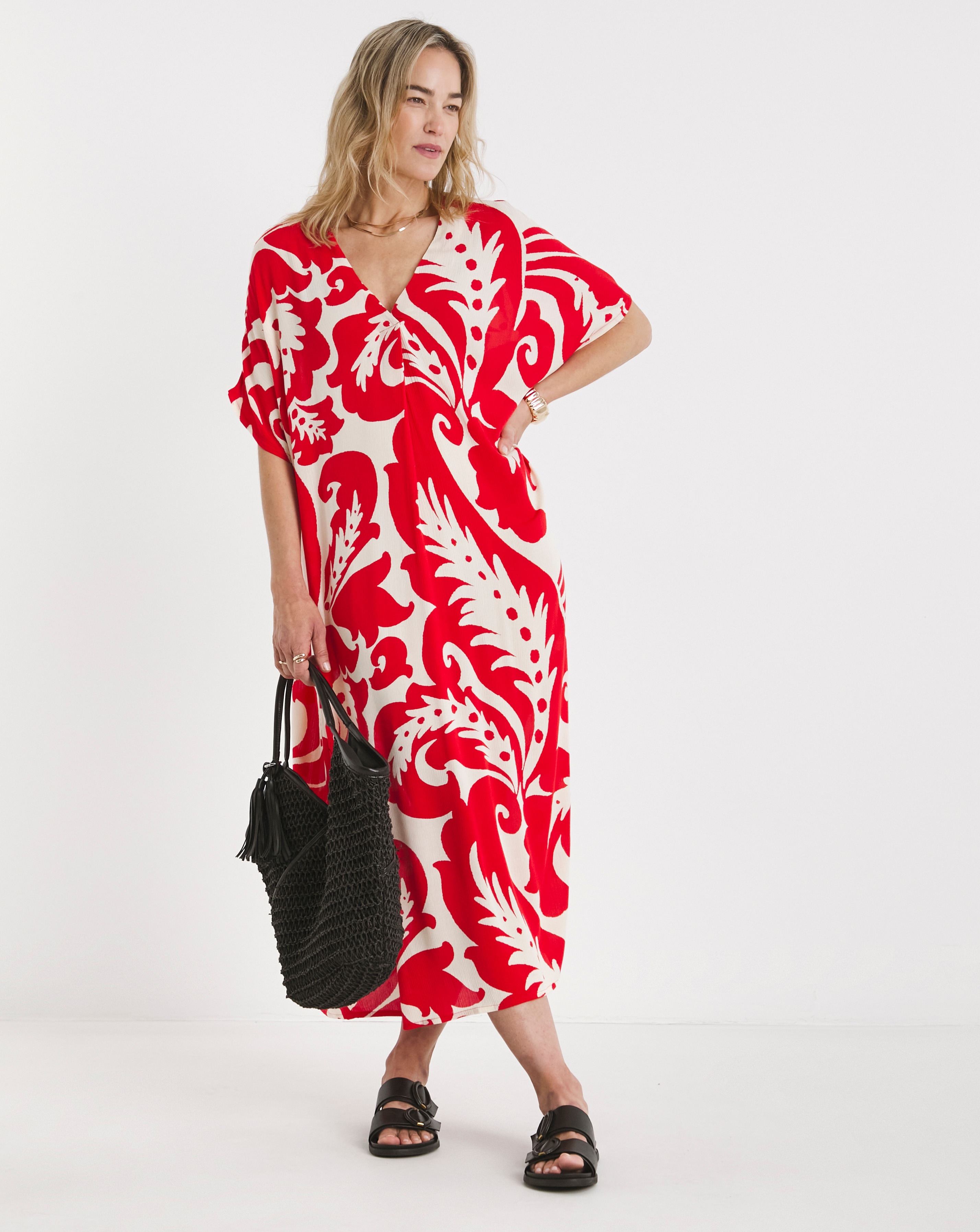 Textured Crinkle Kaftan Midi Dress