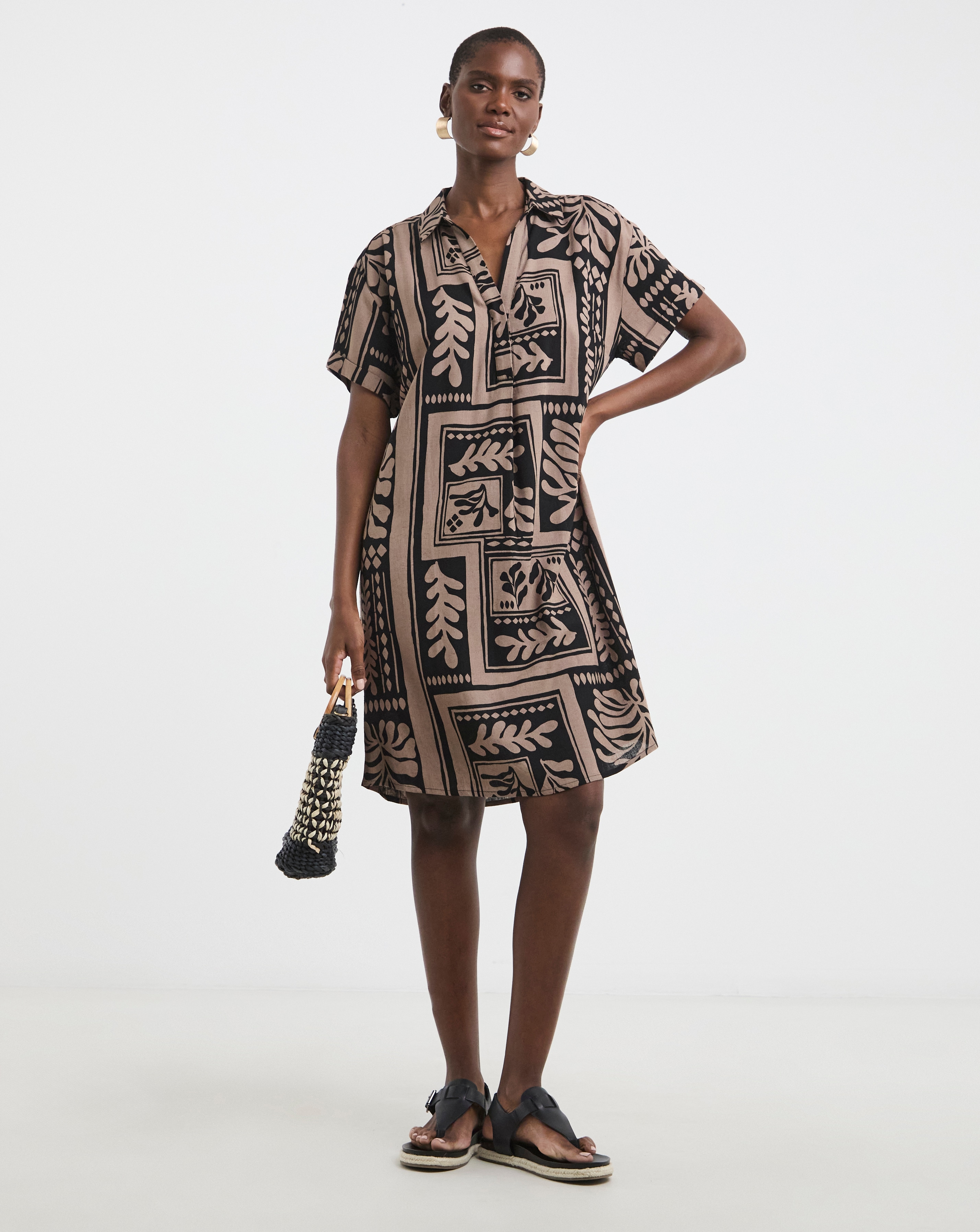 Linen Mix Collared Tunic Dress