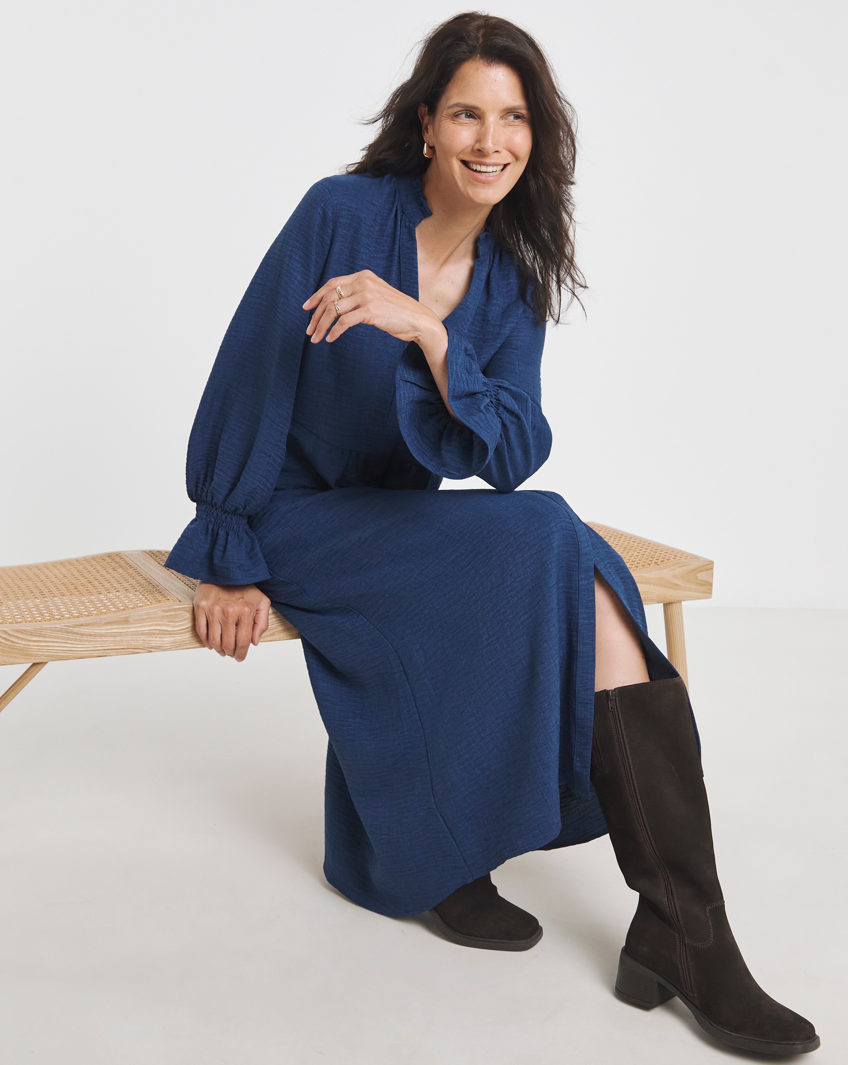 Collarless Flared Sleeve Smock Dress