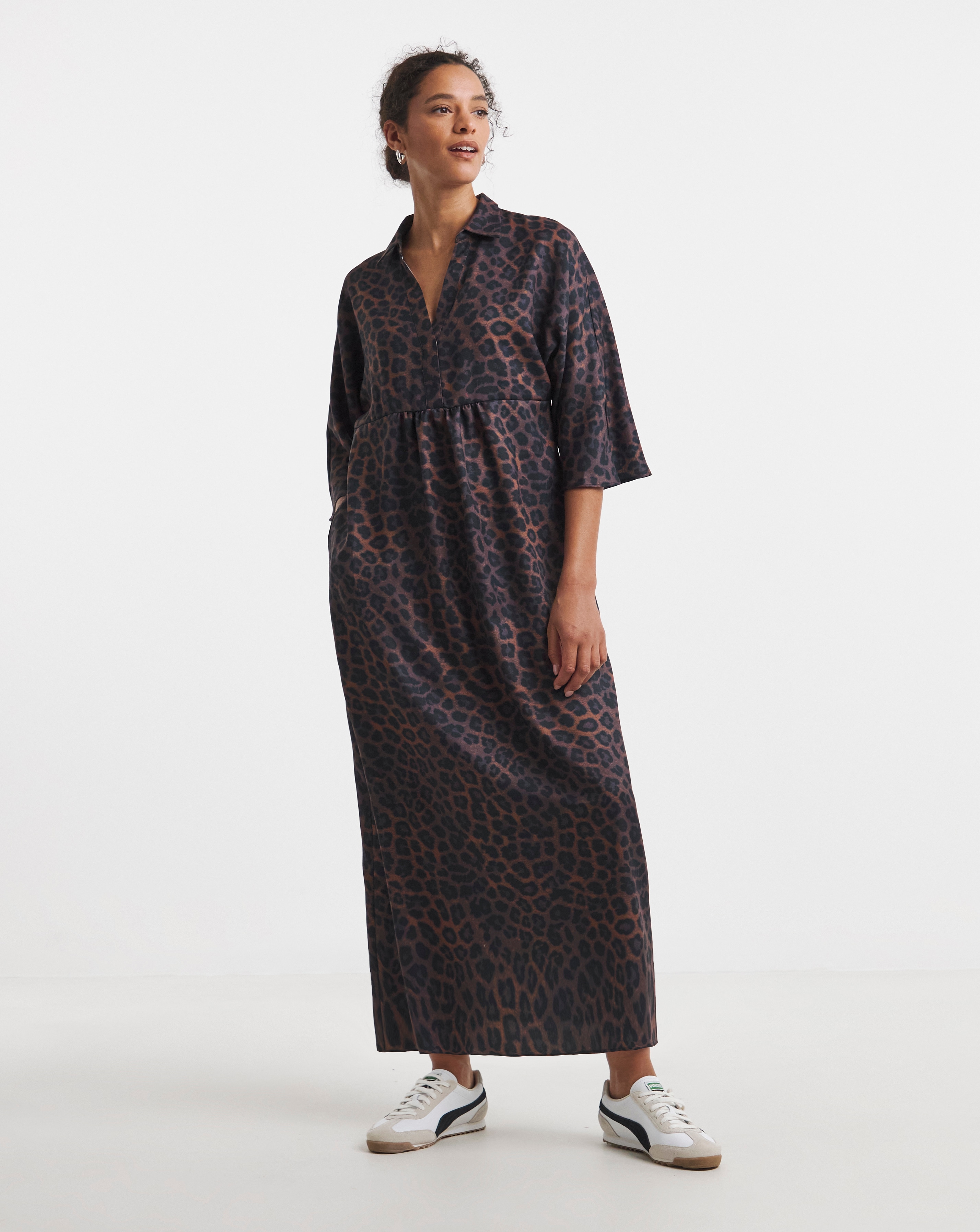 Collarless 3/4 Sleeve Smock Dress