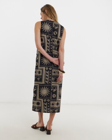 Border Print Linen Midi Shift Dress