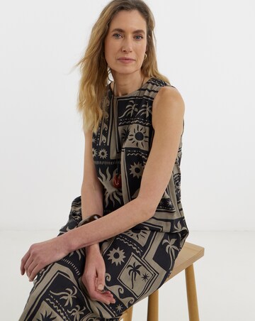 Border Print Linen Midi Shift Dress