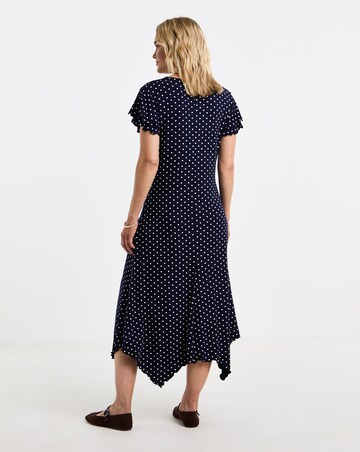 Flutter Sleeve Navy Spot Hanky Hem Midi Dress