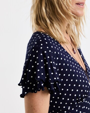 Flutter Sleeve Navy Spot Hanky Hem Midi Dress
