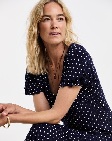 Flutter Sleeve Navy Spot Hanky Hem Midi Dress